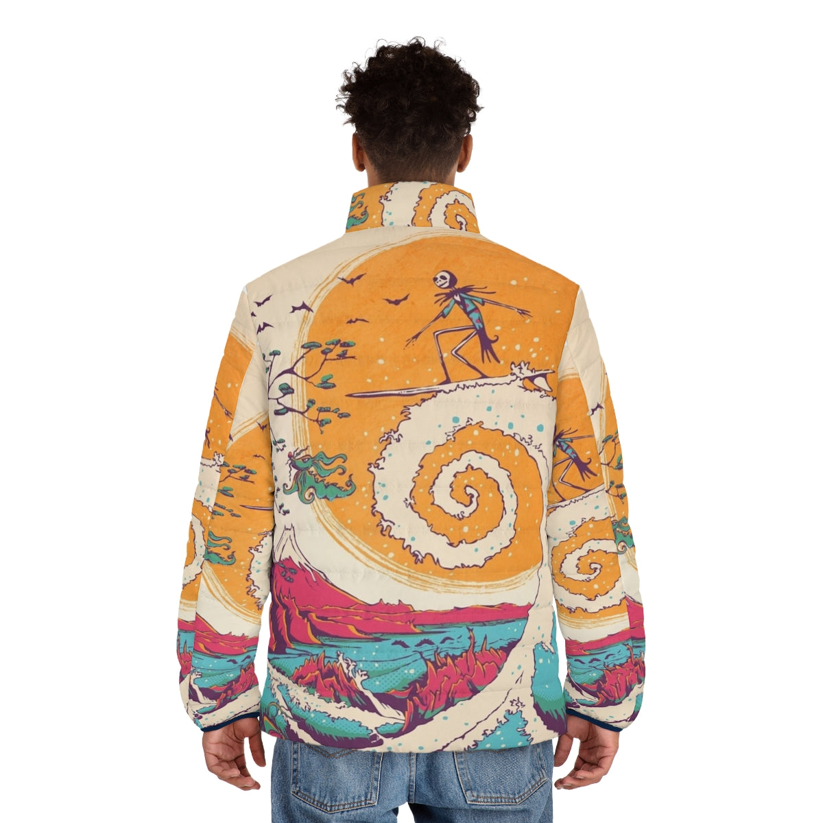 A cozy puffer jacket featuring characters and imagery from Tim Burton's "The Nightmare Before Christmas" with a surfing theme. - men back