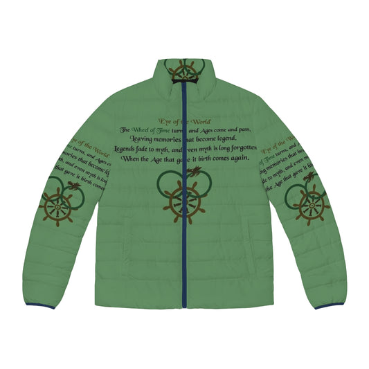 Wheel of Time inspired puffer jacket with fantasy quotes and imagery