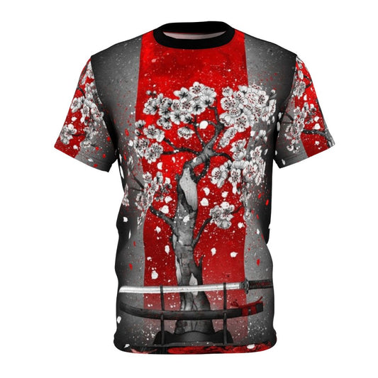 Stylish t-shirt featuring a samurai warrior design with cherry blossoms and a katana sword in red and black colors.