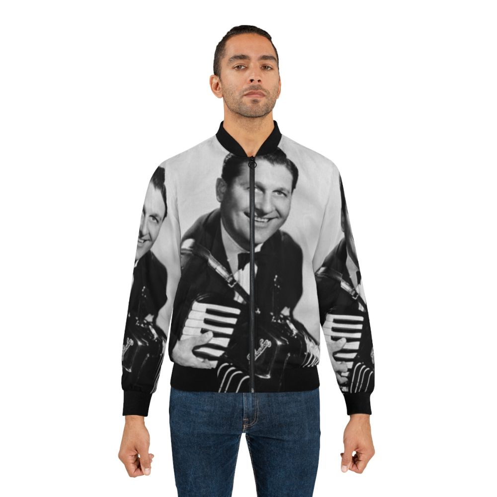 Vintage black and white photograph of Lawrence Welk smiling while holding an accordion, printed on a bomber jacket - Lifestyle