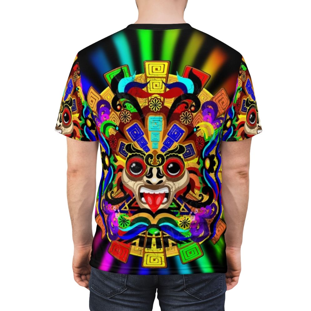 Colorful Aztec warrior mask design on a t-shirt - men back