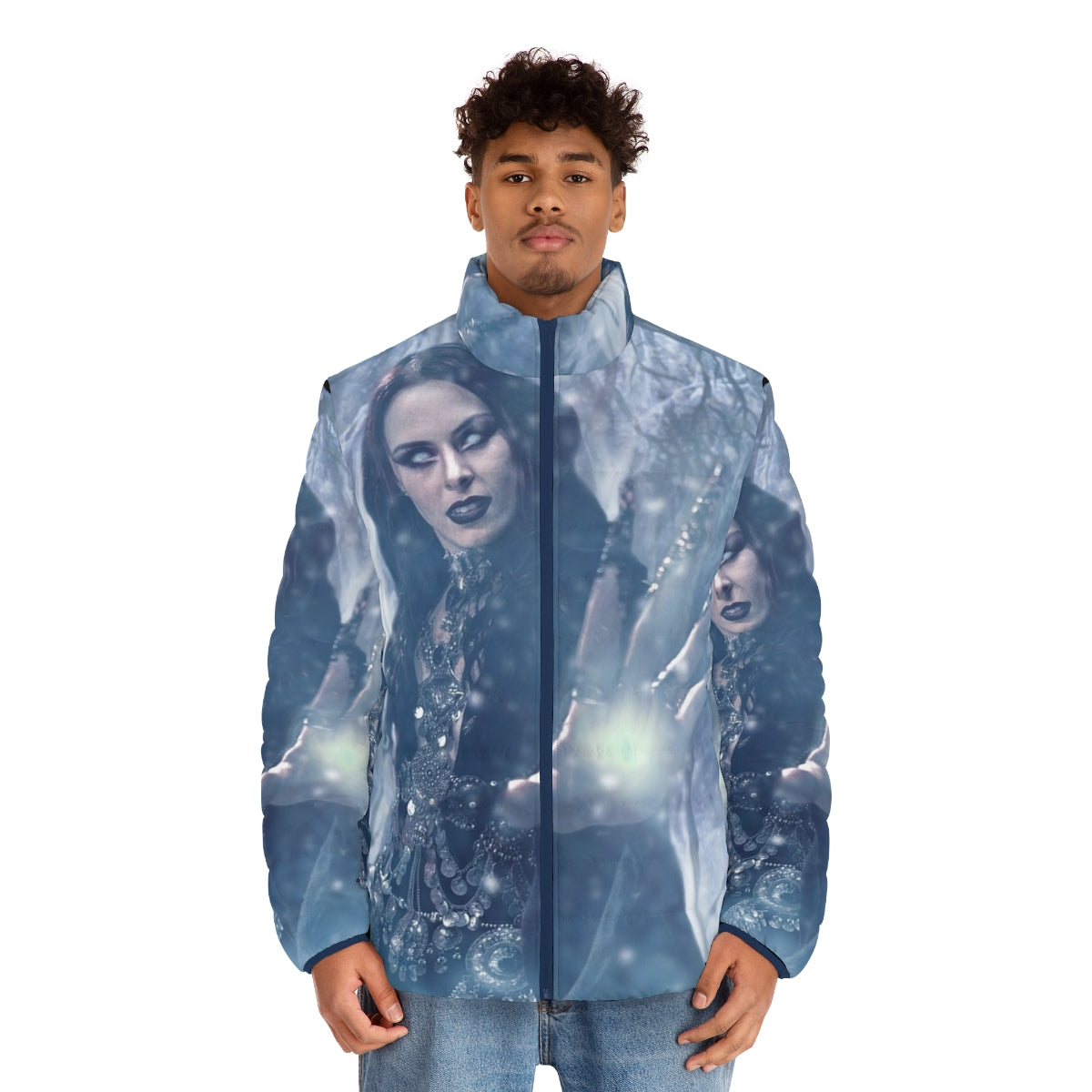 A cozy and stylish puffer jacket featuring Beyond the Black fanart design - men front