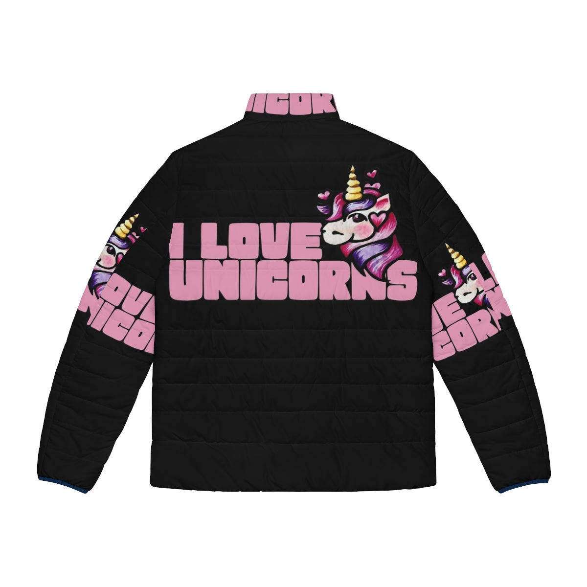 Vibrant puffer jacket featuring a colorful unicorn graphic design - Back