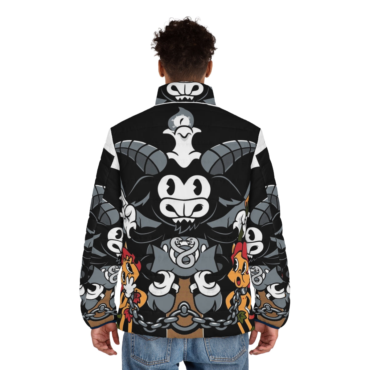 Baphomet tarot card puffer jacket featuring a vintage, retro-style design - men back