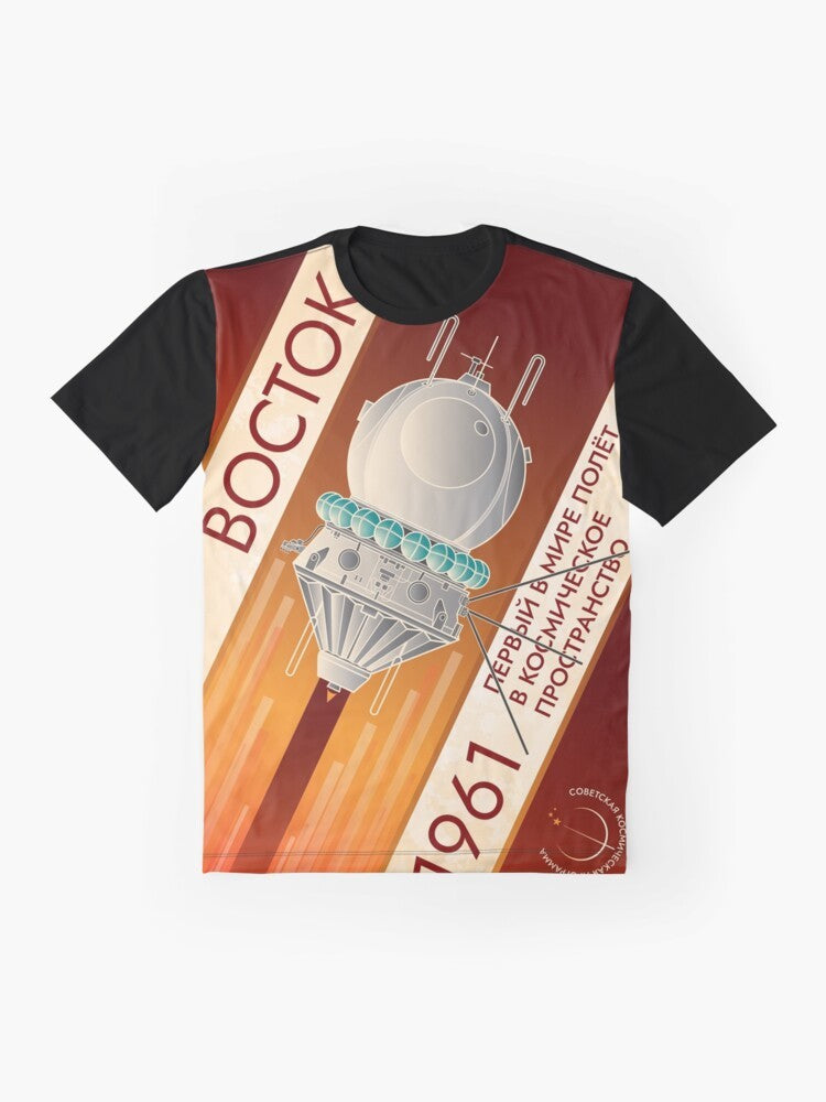 Retro Soviet space graphic t-shirt featuring Vostok spacecraft and Yuri Gagarin's historic 1961 flight - Flat lay