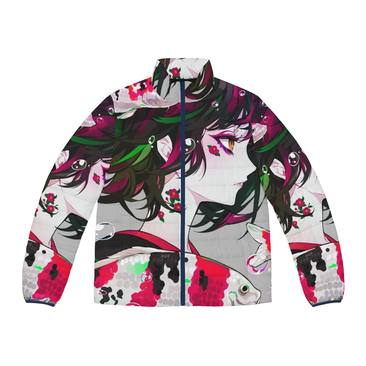 Vivid and colorful puffer jacket with a koi fish design, perfect for anime and Japanese fashion enthusiasts.