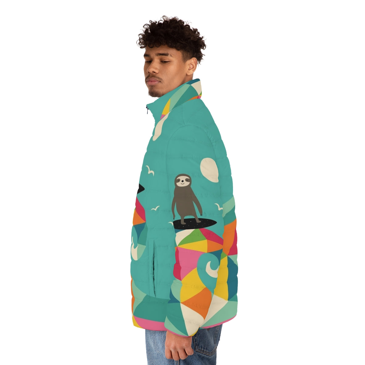 Puffer jacket with a vibrant geometric sloth print, perfect for summer surfing adventures - men side left