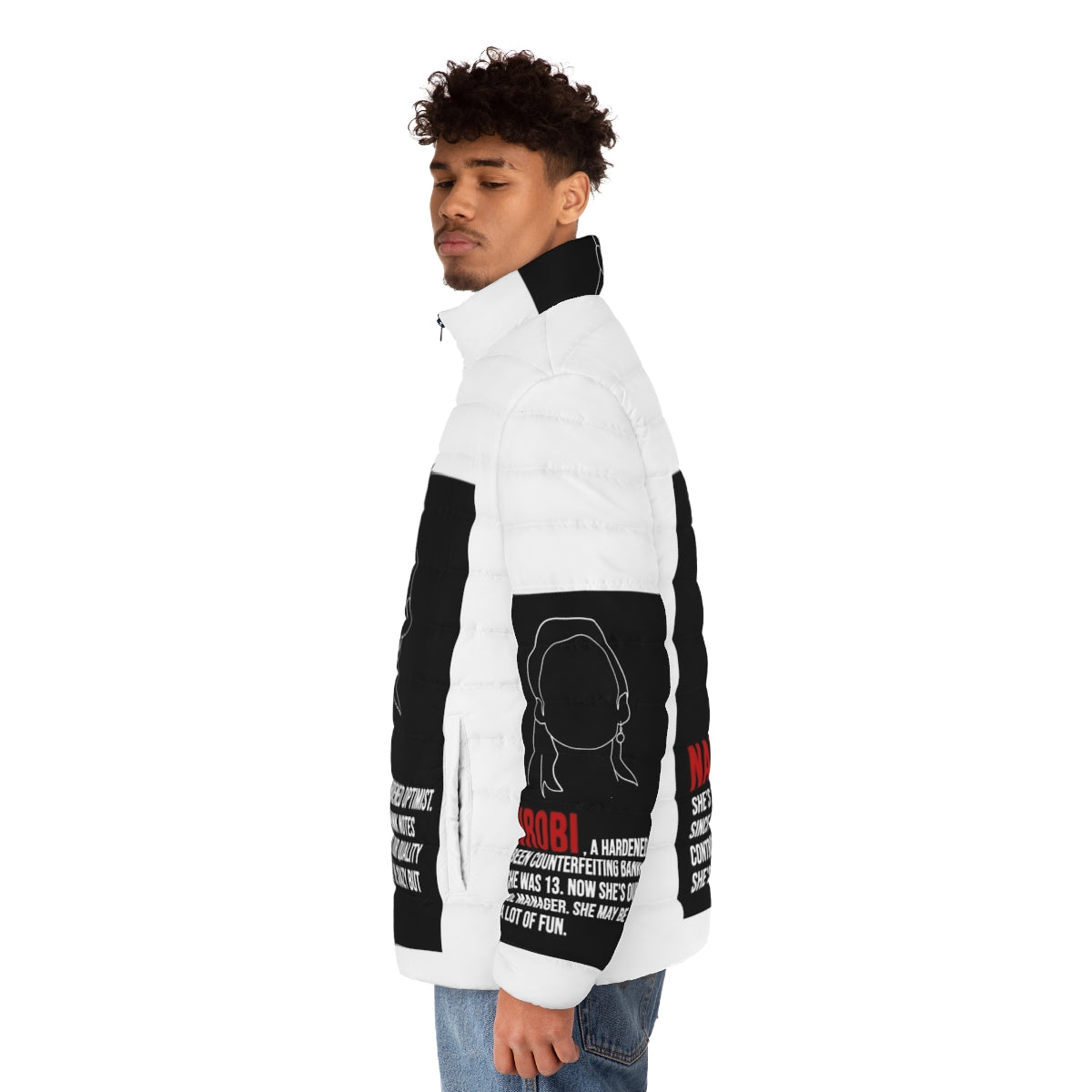 Nairobi's House of Money puffer jacket featuring lineart and quotes from the Netflix series Money Heist - men side left