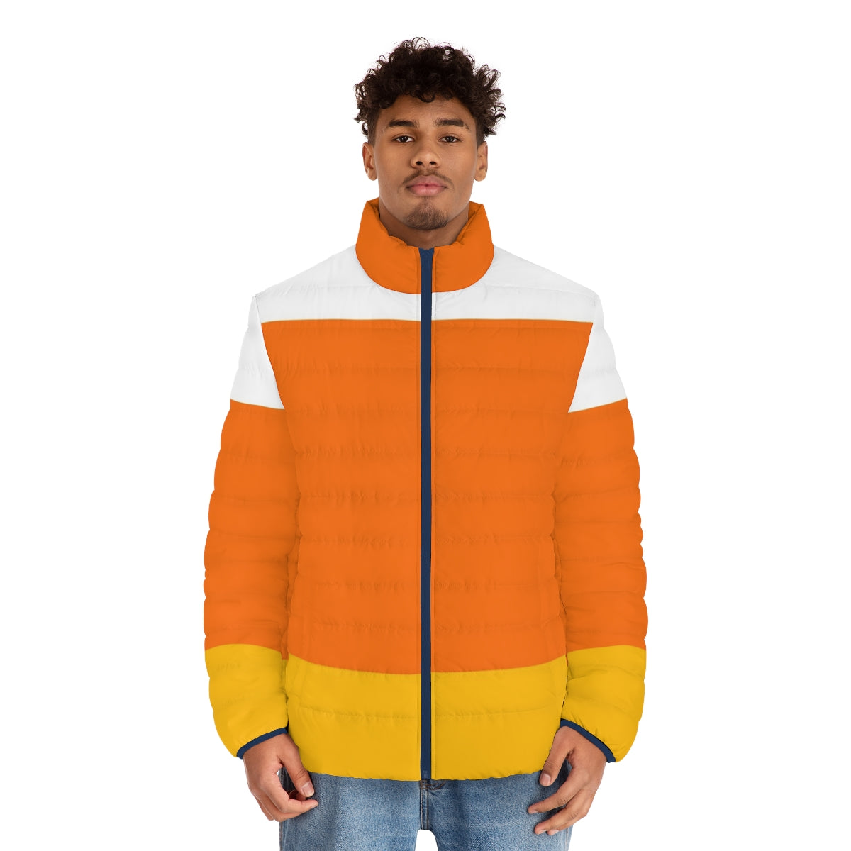 Candy corn inspired puffer jacket, perfect for Halloween and fall festivities - men front