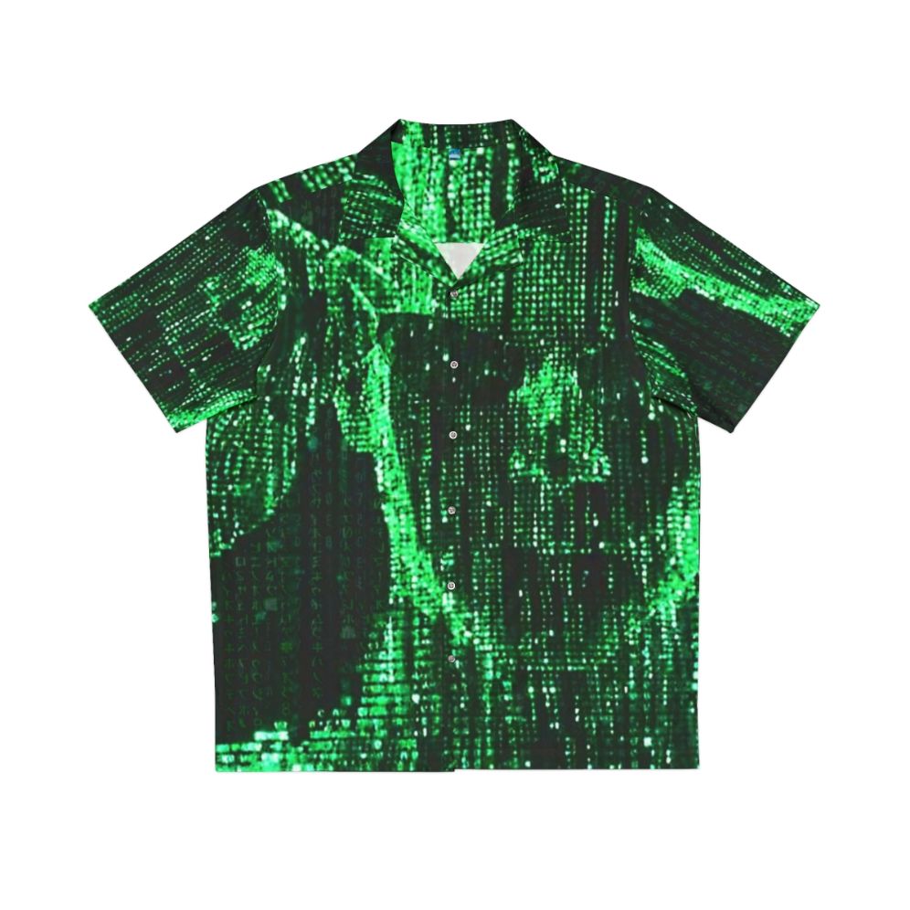 Matrix-inspired Hawaiian shirt with digital code and futuristic design