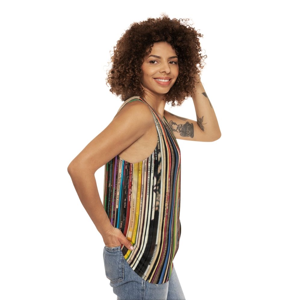 Unisex record collector tank top featuring vinyl records and turntable - women side