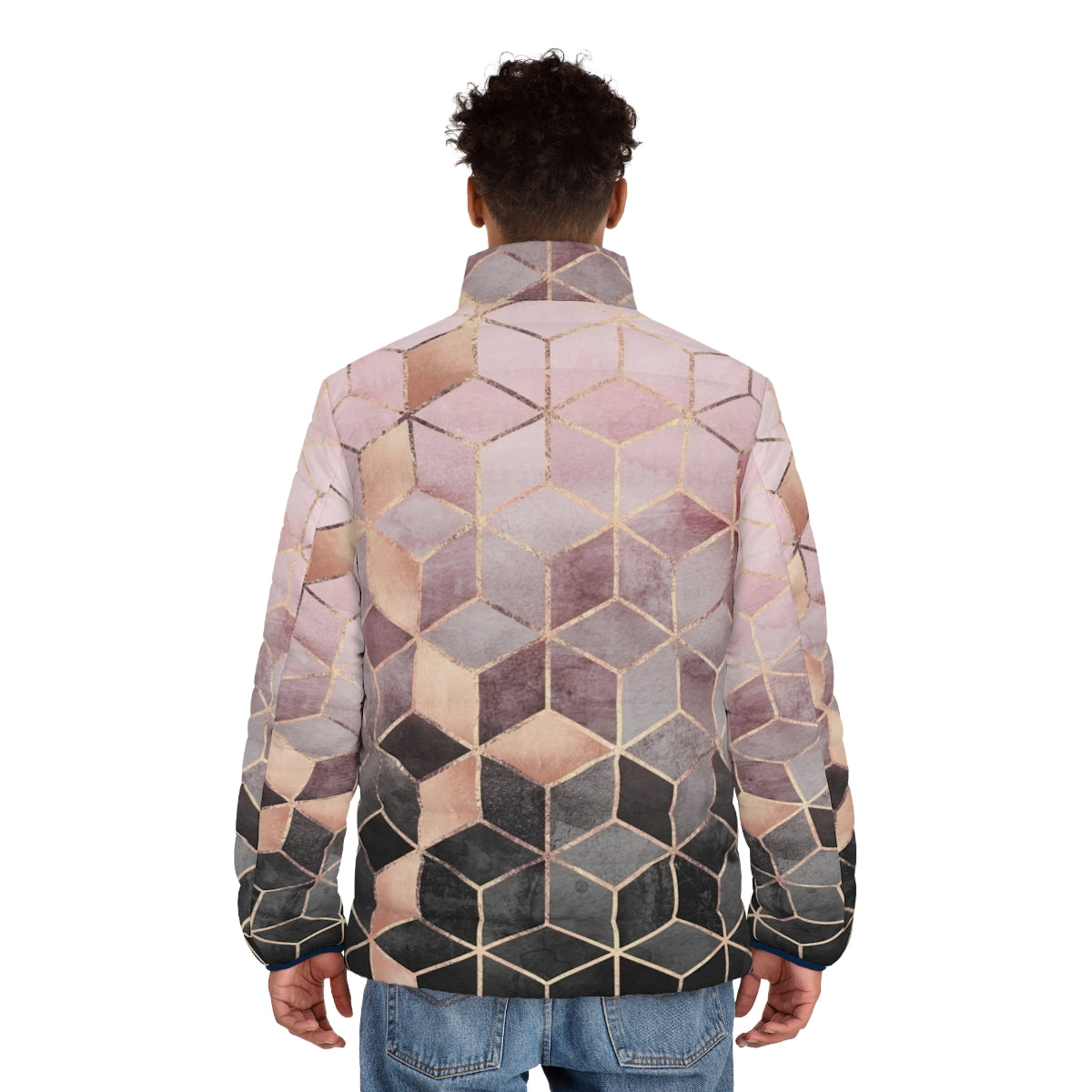 A puffer jacket featuring a gradient geometric cube pattern in pink and grey tones. - men back