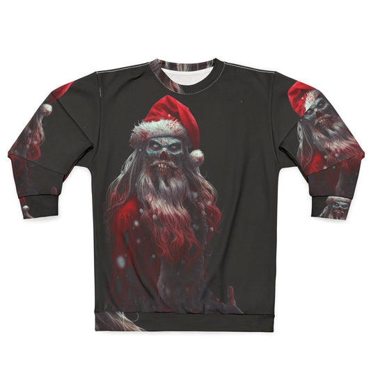 Zombie Santa Claus wearing a clawed hand on a Christmas-themed sweatshirt