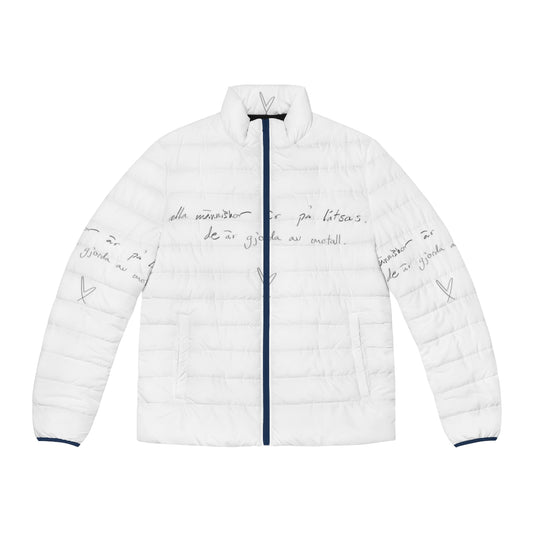 Young Royals-inspired puffer jacket featuring the quote "All The People Are Fake"