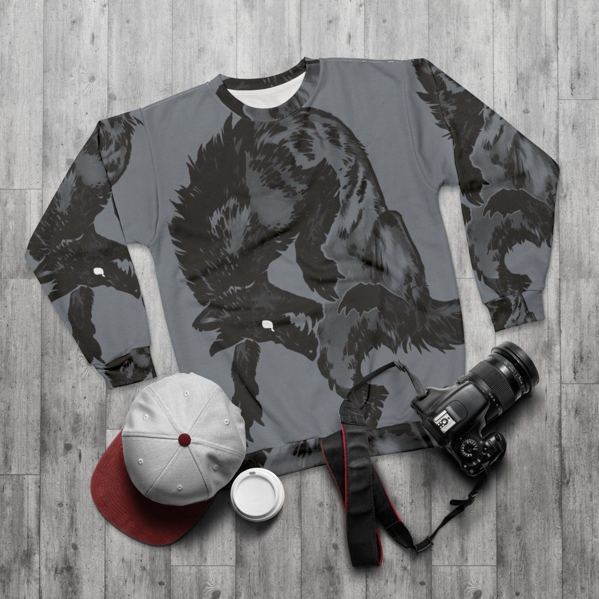 Hyena Sweatshirt featuring a creepy, furry animal design - flat lay