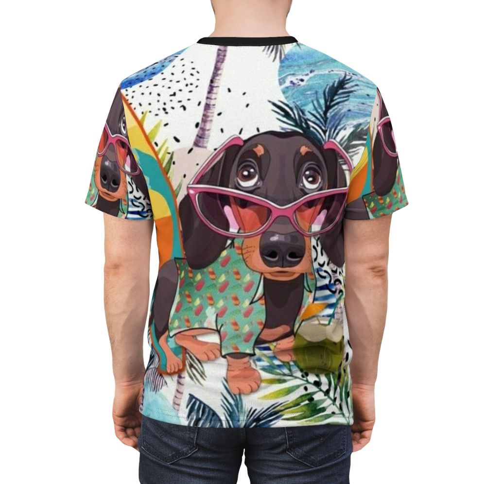 Dachshund dog in a vibrant pop art style on a t-shirt - men back