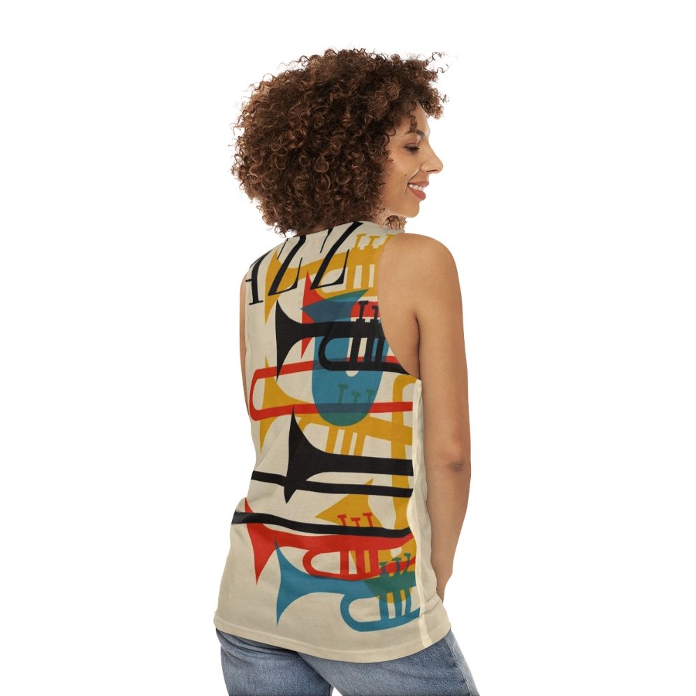 Jazz Unisex Tank Top with Saxophone and Trumpet Graphic - women back