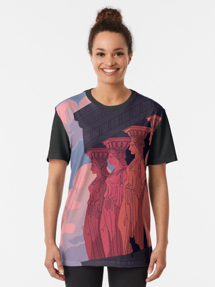 Graphic t-shirt featuring caryatids at dusk, an iconic element of ancient Greek architecture - Women