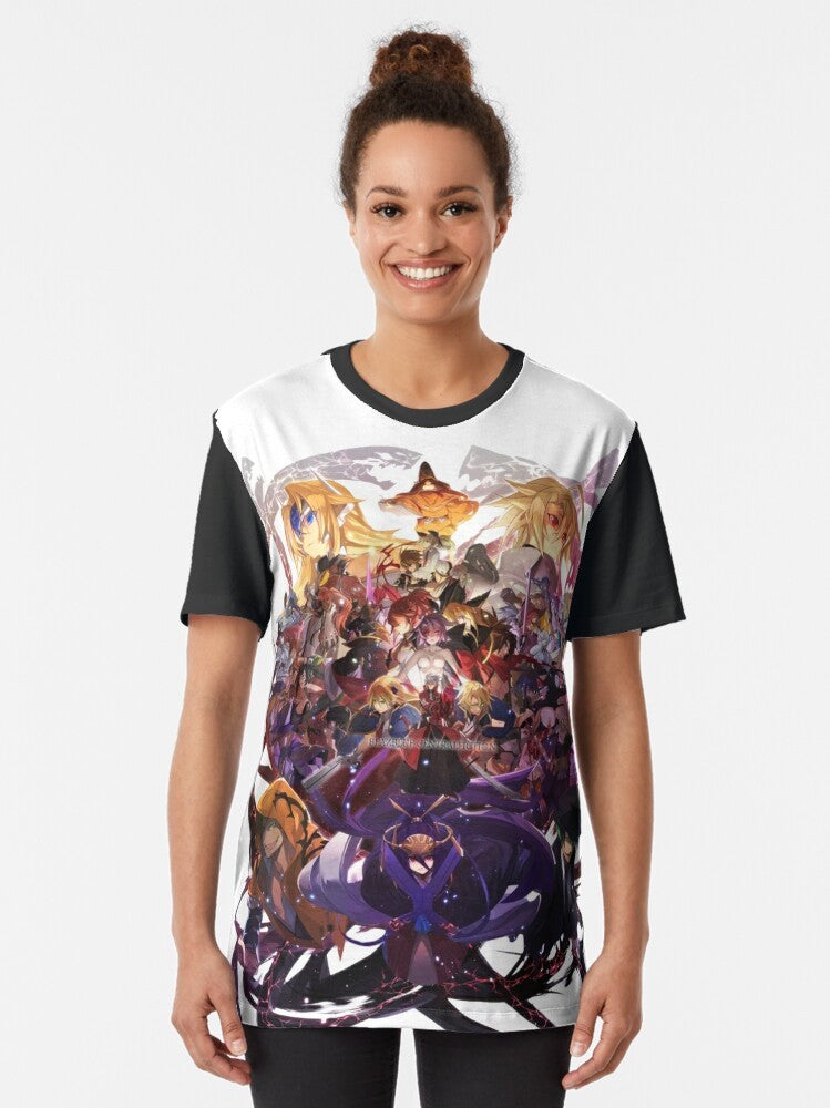 Blazblue video game-themed graphic t-shirt featuring all the main characters from the fighting game series - Women