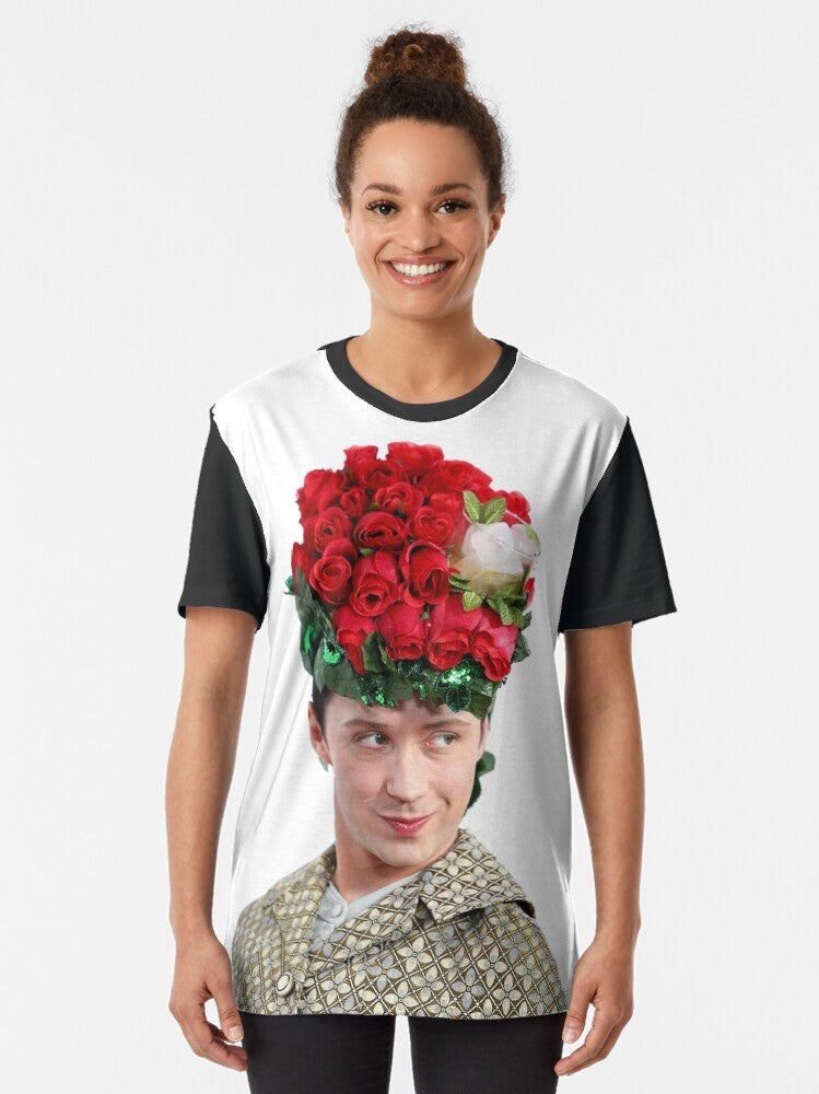 Johnny Weir Mint Julep Hat Graphic T-Shirt, featuring figure skater Johnny Weir and a mint julep hat design. - Women