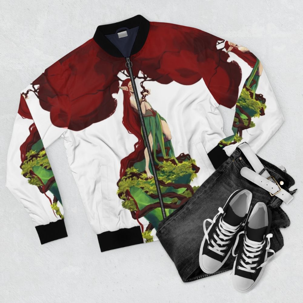 Red bomber jacket with a tree print design - Flat lay