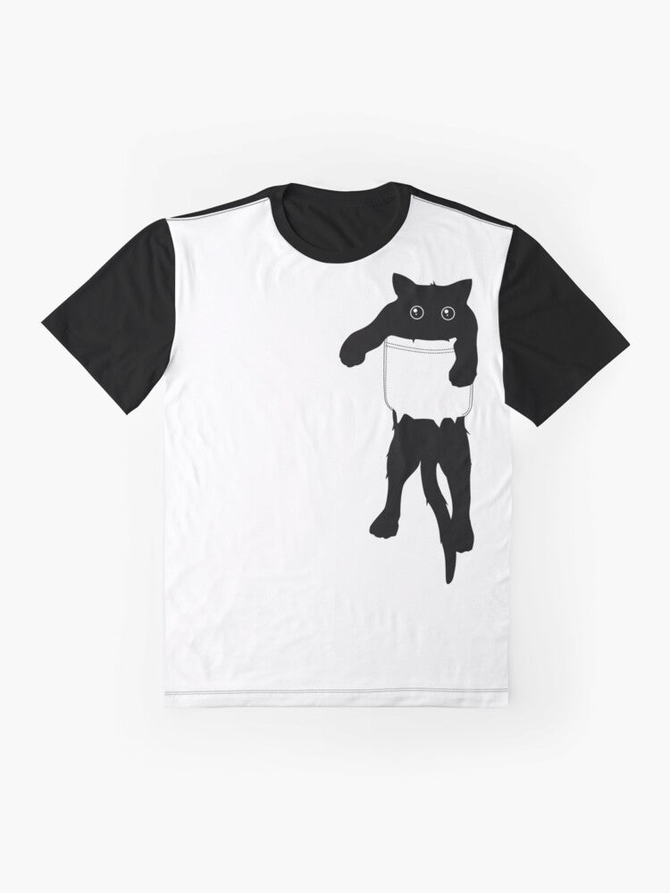 Black cat graphic t-shirt with a minimalist "hang loose" pocket art design - Flat lay