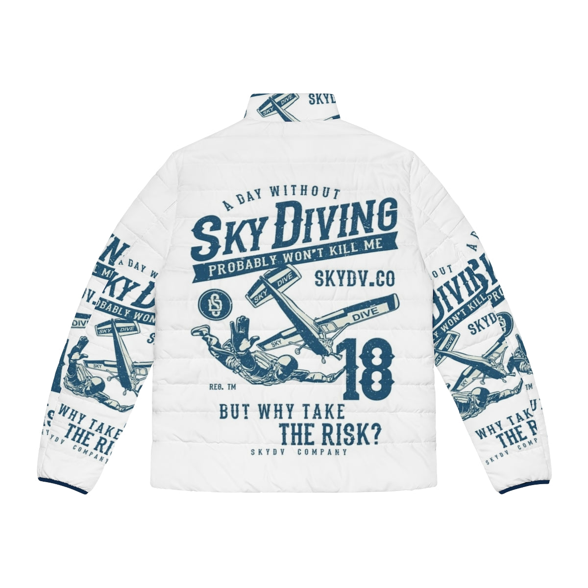 Skydiver Skydiving Puffer Jacket with Ironic Humor Saying - Back