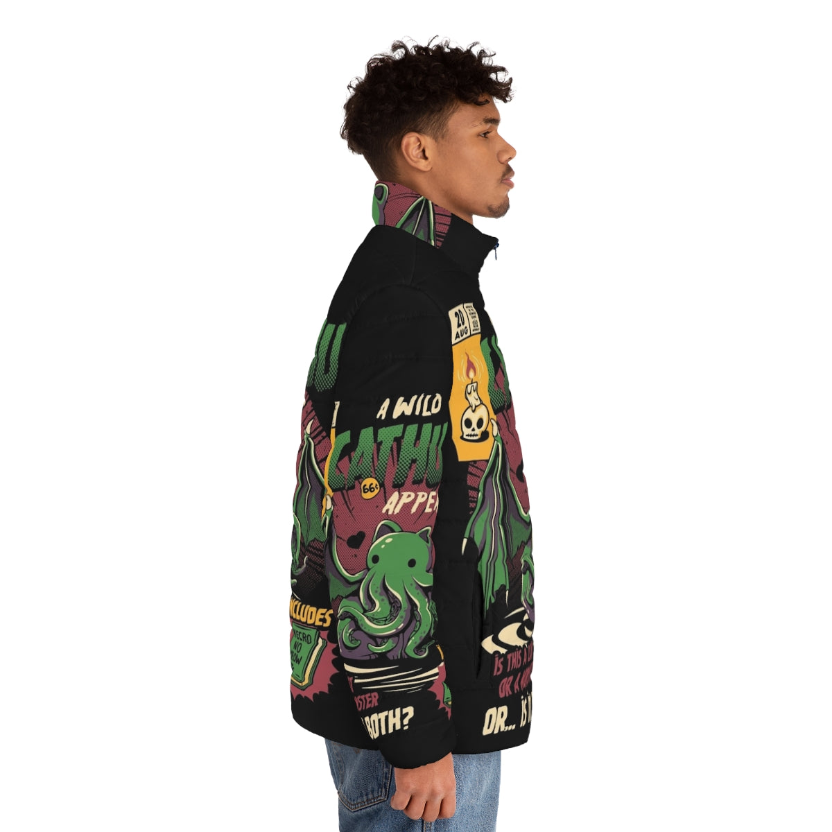 Cathulhu Cthulhu Puffer Jacket with cat and Lovecraft horror design - men side right