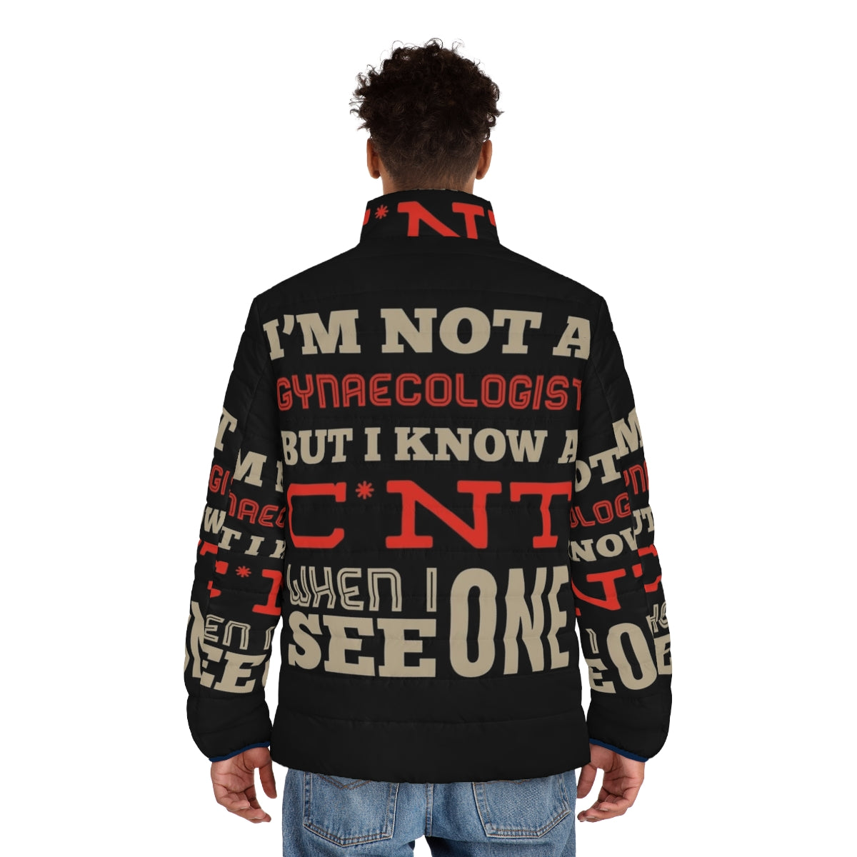 Puffer jacket with humorous gynecology occupation designs - men back