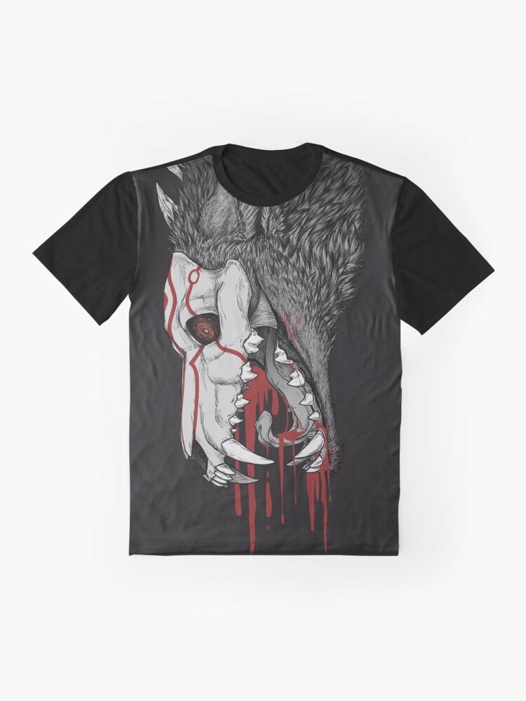 Fall Black Graphic T-Shirt featuring a Grimm Beowolf design with skulls, teeth, and blood. - Flat lay