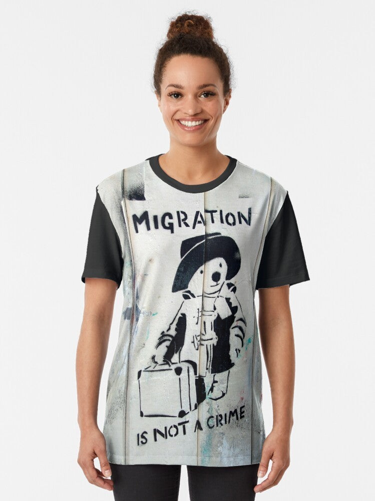 "Migration Is Not A Crime" political graphic t-shirt design - Women