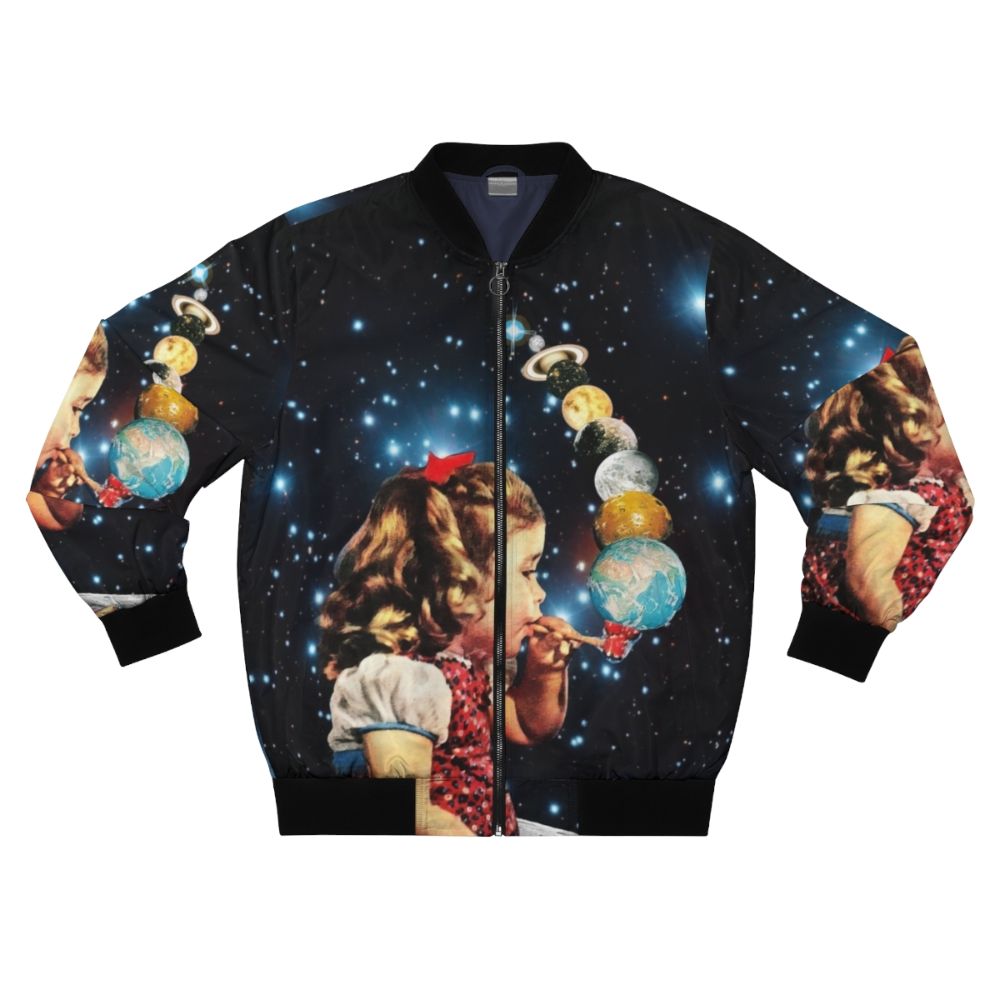 Vintage collage bomber jacket with surreal, psychedelic design