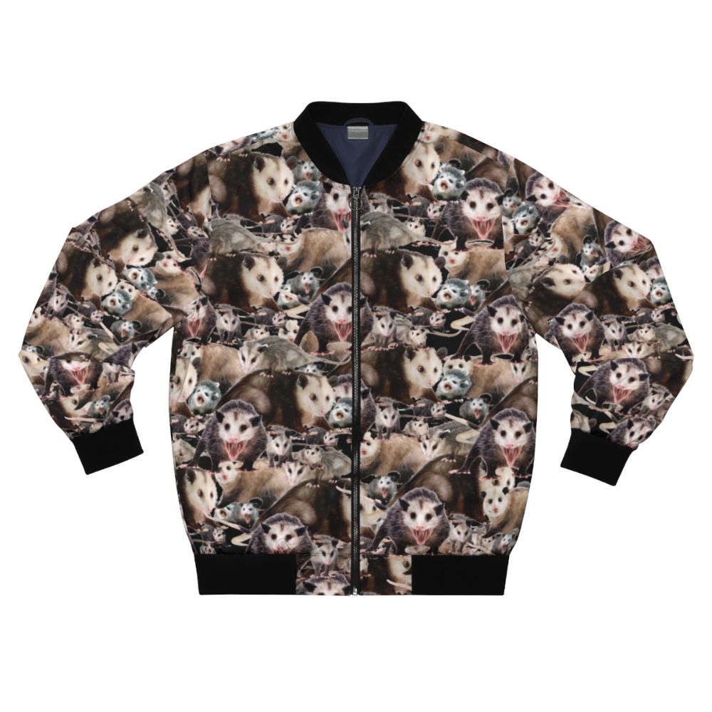 Adorable opossum printed on a navy blue bomber jacket