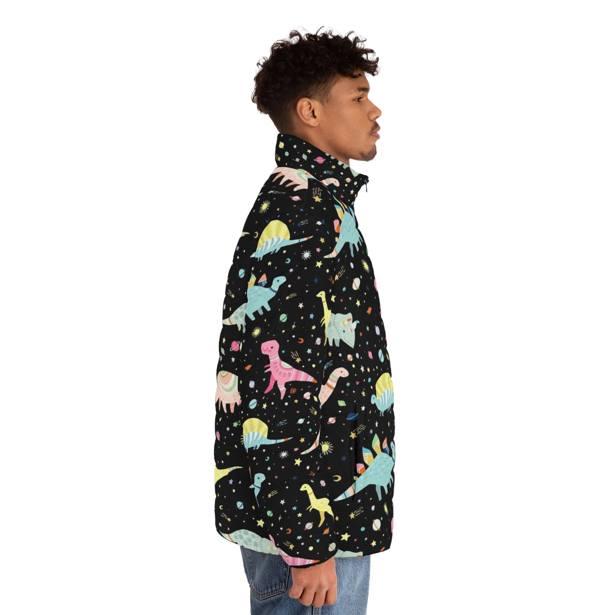 Dinosaur puffer jacket with colorful prehistoric pattern - men side right