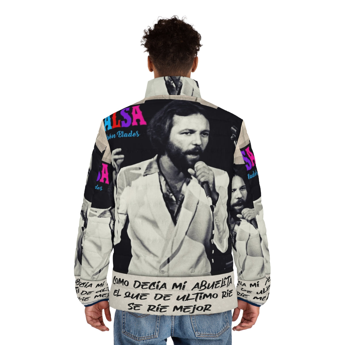 Ruben Blades Decisiones Puffer Jacket featuring iconic Puerto Rican salsa music - men back