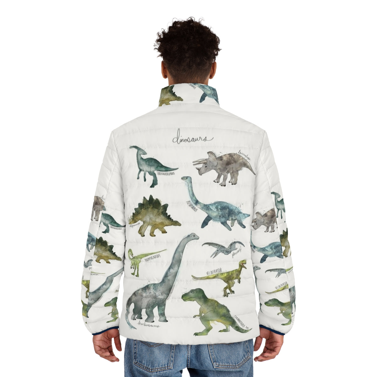 Dinosaur-printed puffer jacket with educational design - men back