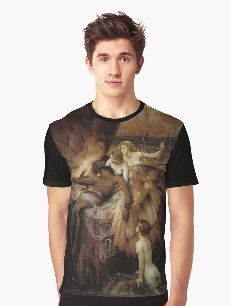 Graphic t-shirt featuring "The Lament for Icarus" painting by Herbert James Draper, depicting the tragic story of Icarus from Greek mythology. - Men