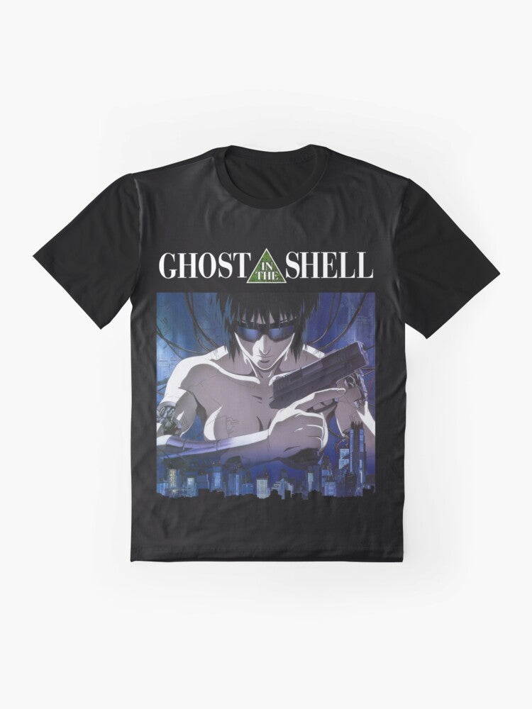 Ghost in the Shell anime-inspired graphic t-shirt featuring Motoko Kusanagi, the cyberpunk heroine. - Flat lay