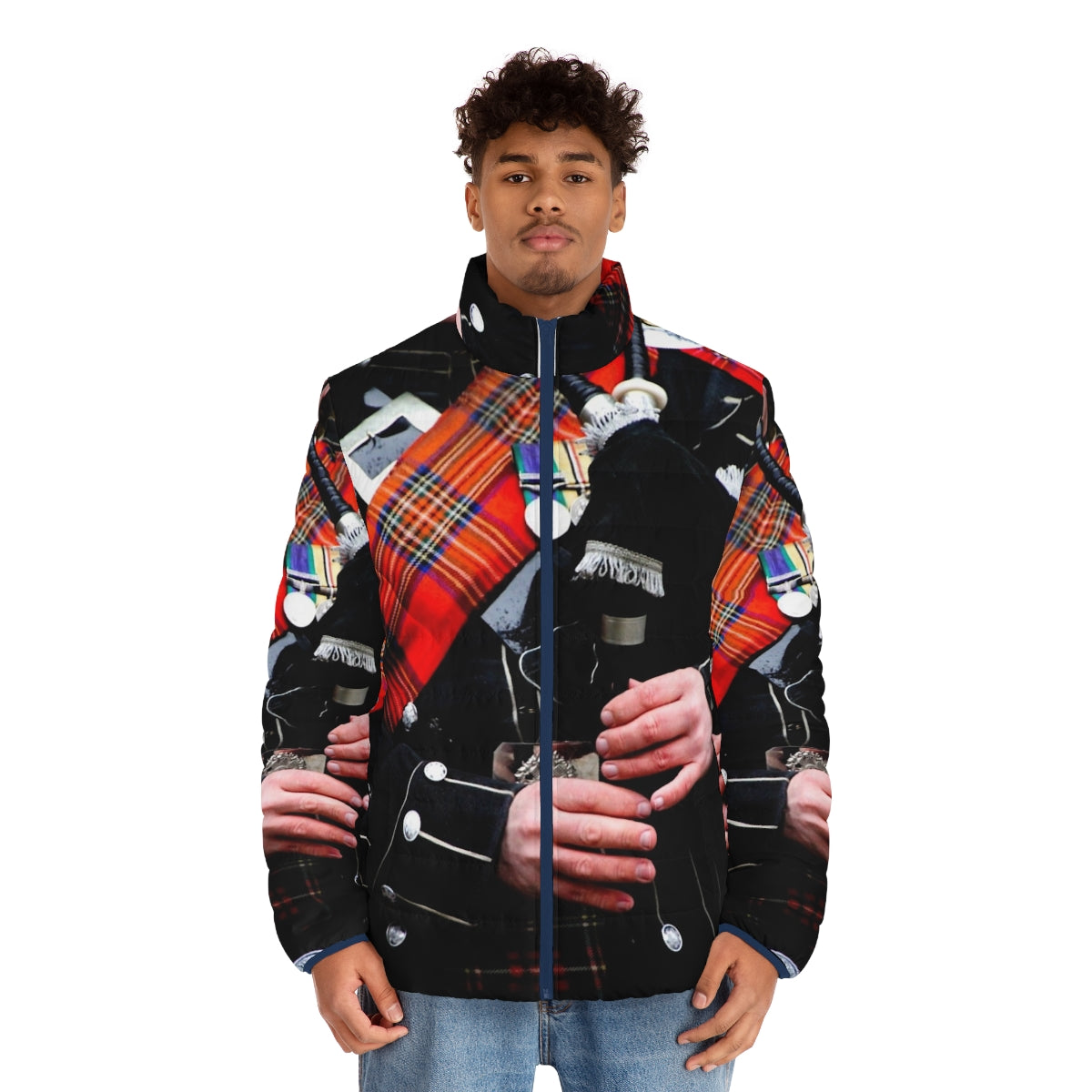 A cozy puffer jacket featuring a tartan and bagpipe design, perfect for celebrating Scottish heritage. - men front