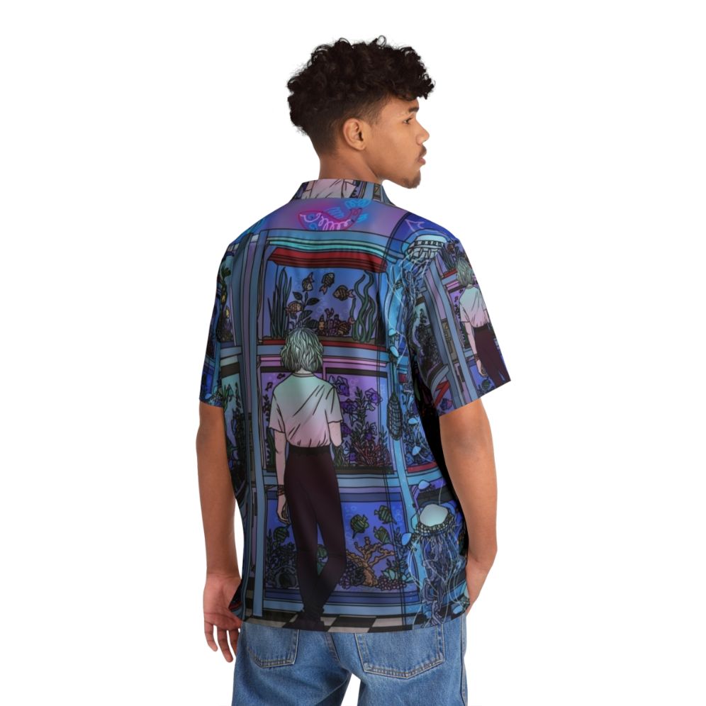 Aquarium Hawaiian Shirt with Neon Fish and Jellyfish - Flat lay