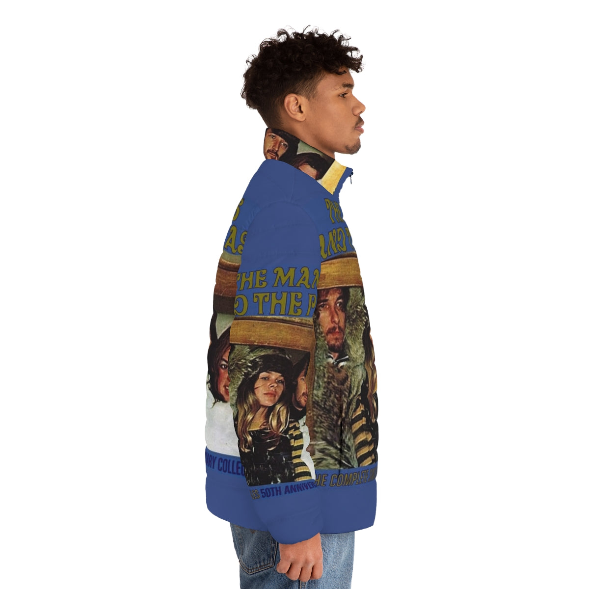 A blue puffer jacket with a vintage, 1960s-inspired design - men side right