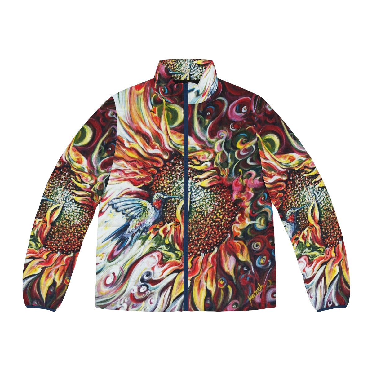 Sunflowers and hummingbird puffer jacket, a nature-inspired and colorful outerwear option