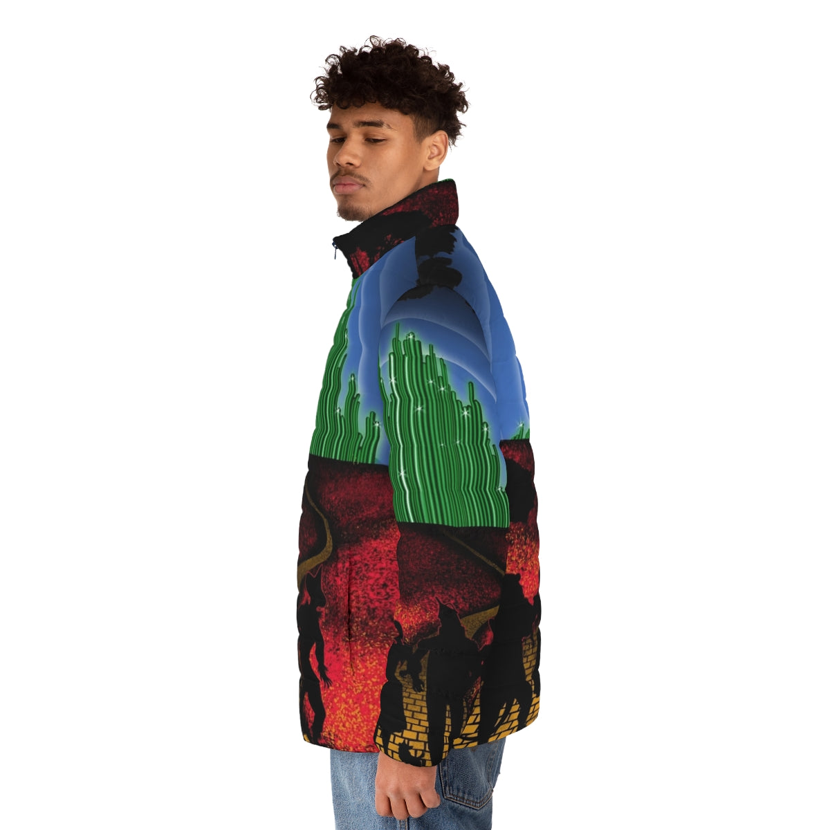 Yellow Brick Road Puffer Jacket featuring iconic Wizard of Oz elements - men side left