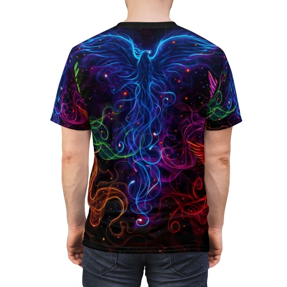 Artistic t-shirt design featuring a sky full of phoenix birds in a rainbow color scheme - men back