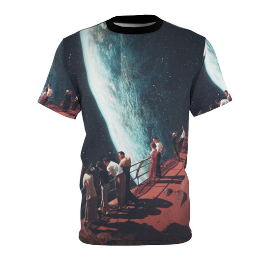 Retro future surreal collage t-shirt featuring a vintage-inspired space exploration design with planets, stars, and a sense of nostalgia.