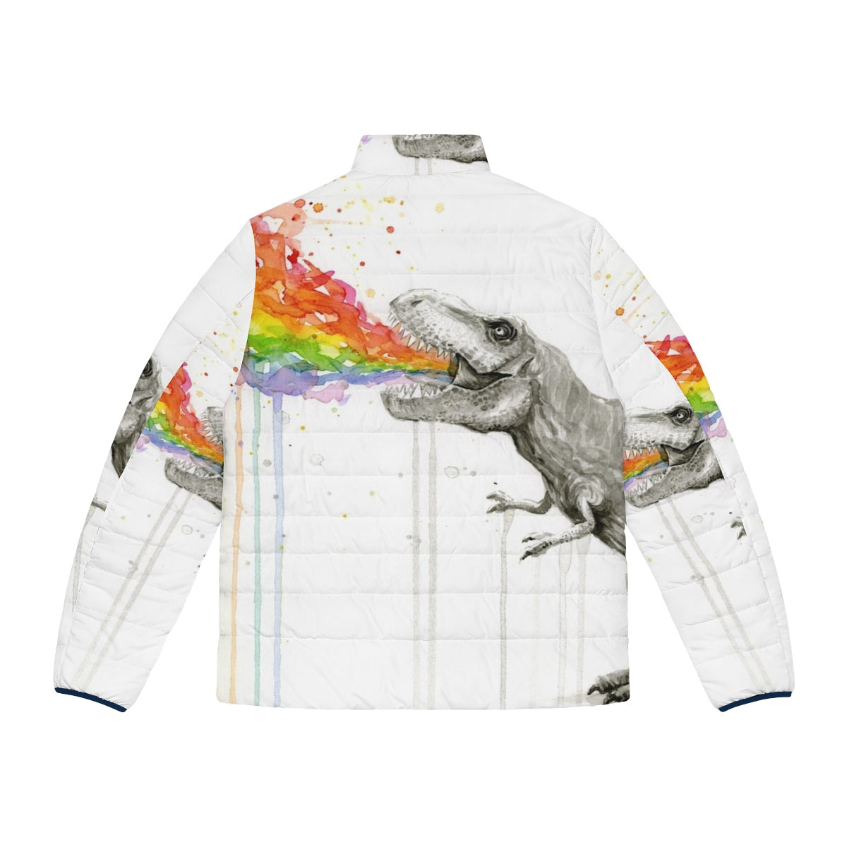 Colorful puffer jacket featuring a whimsical T-Rex dinosaur in a rainbow watercolor design - Back