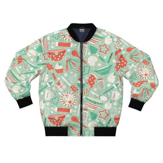 A cozy bomber jacket featuring festive Christmas baking and cookie designs, perfect for the holiday season.