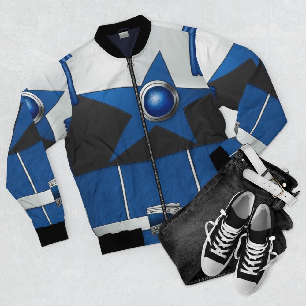 Blue bomber jacket with Ookamiblue design for Kyuranger fans - Flat lay