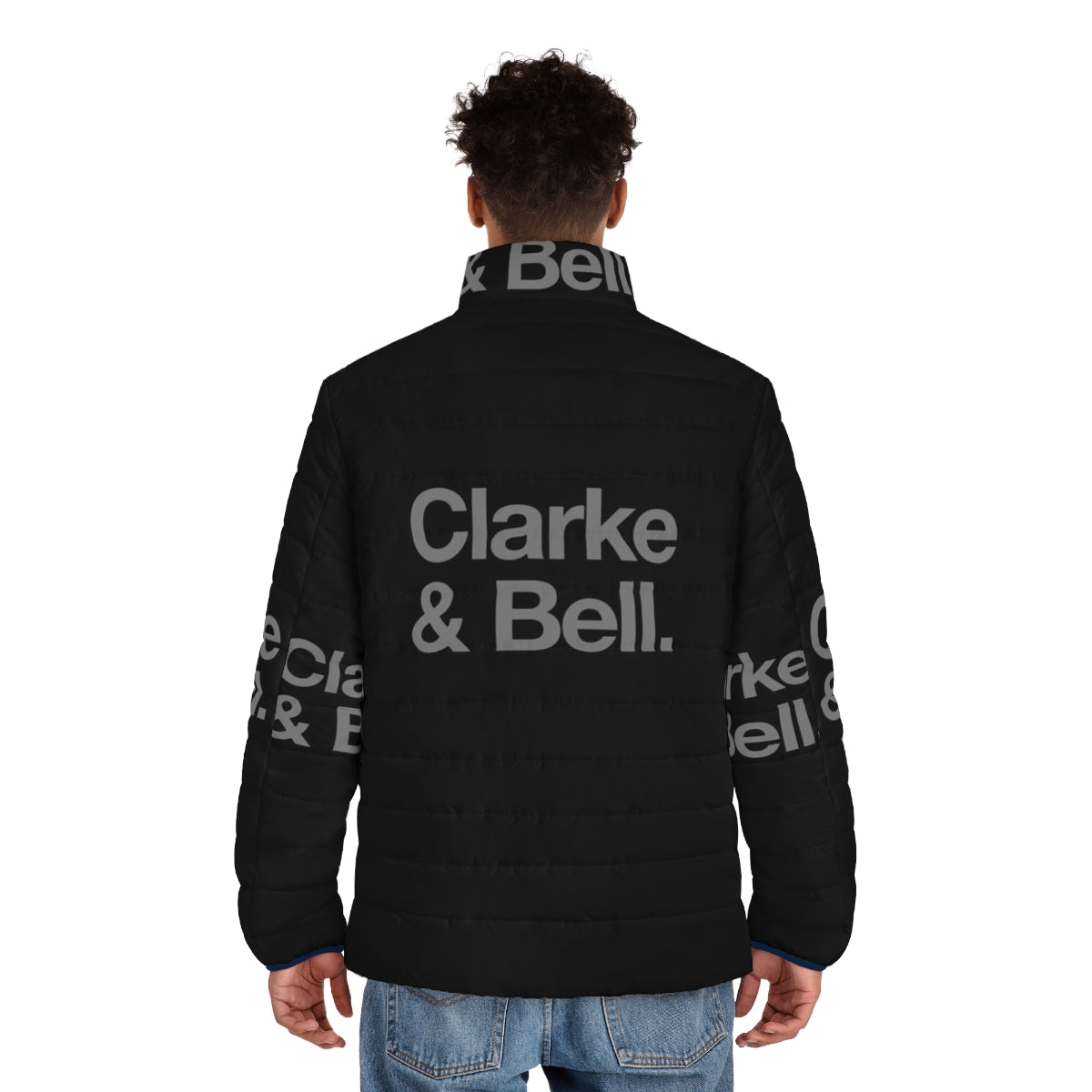 Clarke Bell 80s style puffer jacket featuring synth pop and electronic music inspired design - men back