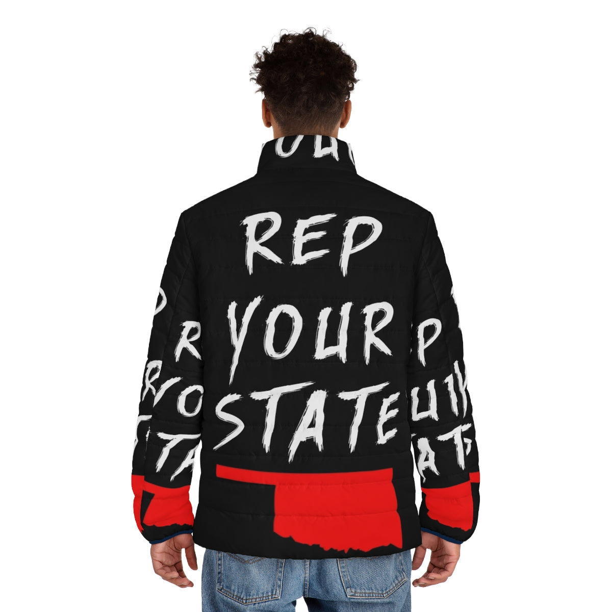 Oklahoma state pride puffer jacket featuring the state outline and flag design - men back